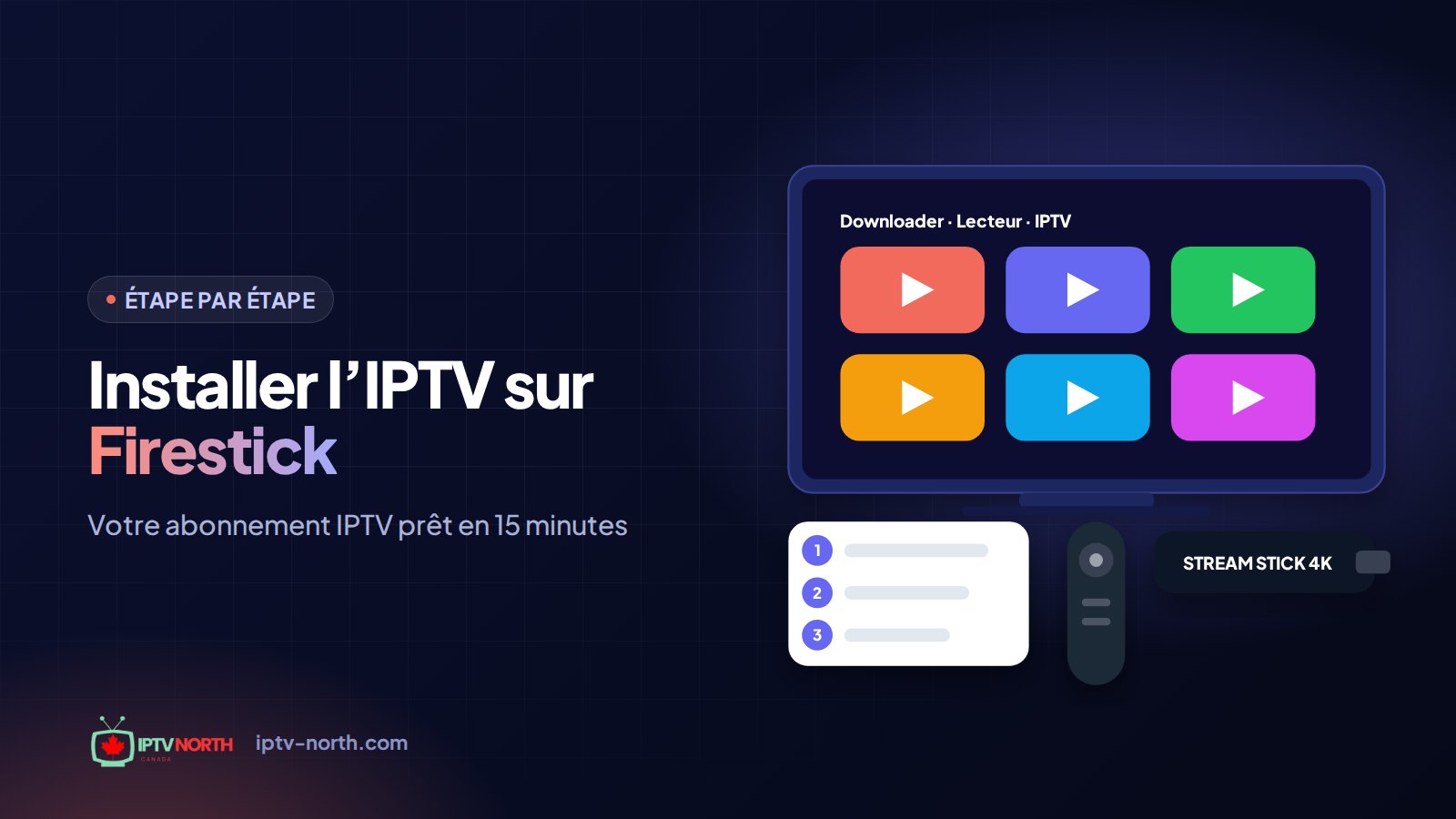 Fire TV Stick d'Amazon et sa télécommande près d'une télé affichant l'application Downloader pendant l'installation IPTV au Canada