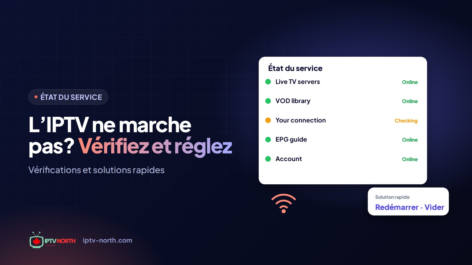 Télé affichant un message d'erreur à côté d'une liste de vérification, illustrant quoi faire quand l'IPTV ne fonctionne pas au Canada