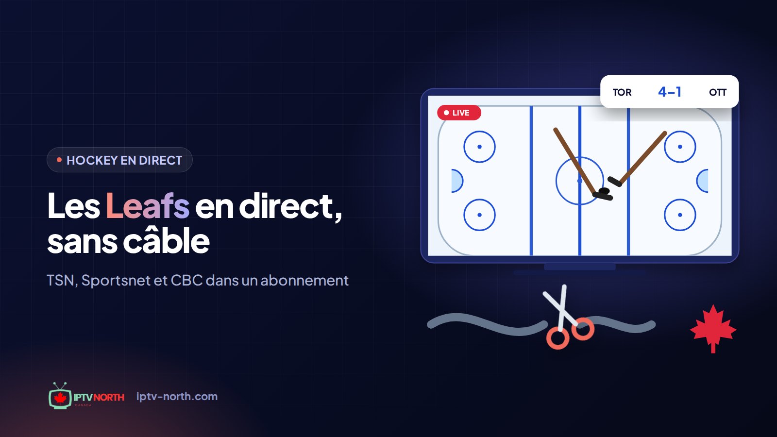 Partisan qui regarde un match des Maple Leafs de Toronto en direct à la télé du salon, sans boîtier de câble